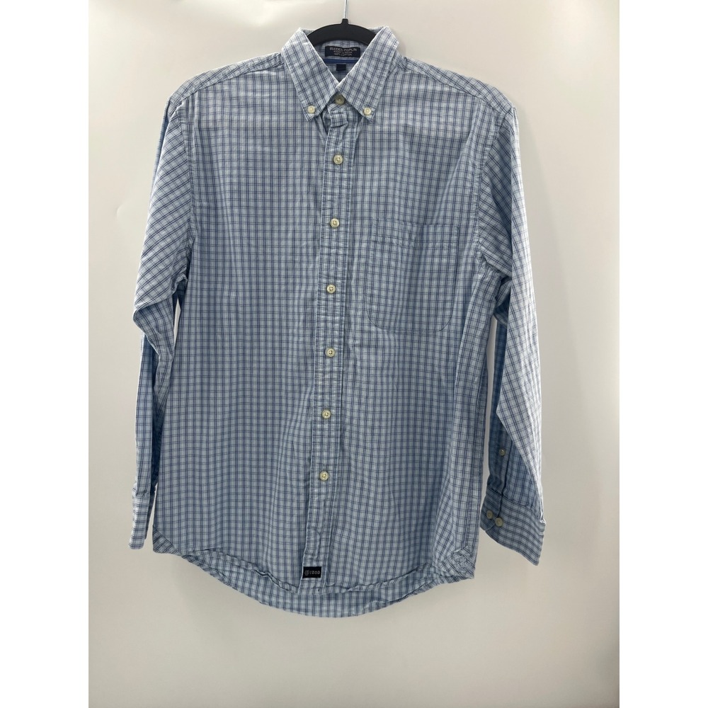 IZOD Mens Sueded Poplin Plaid Button Down Shirt Blue White Small Long Sleeve